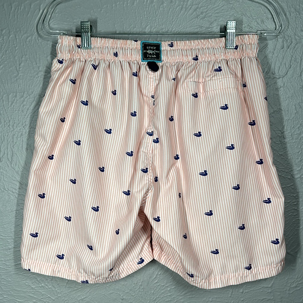 Spicy Tuna Pink Coral & White Striped Duck Print Men's Swim Trunks Size … - Picture 8 of 10